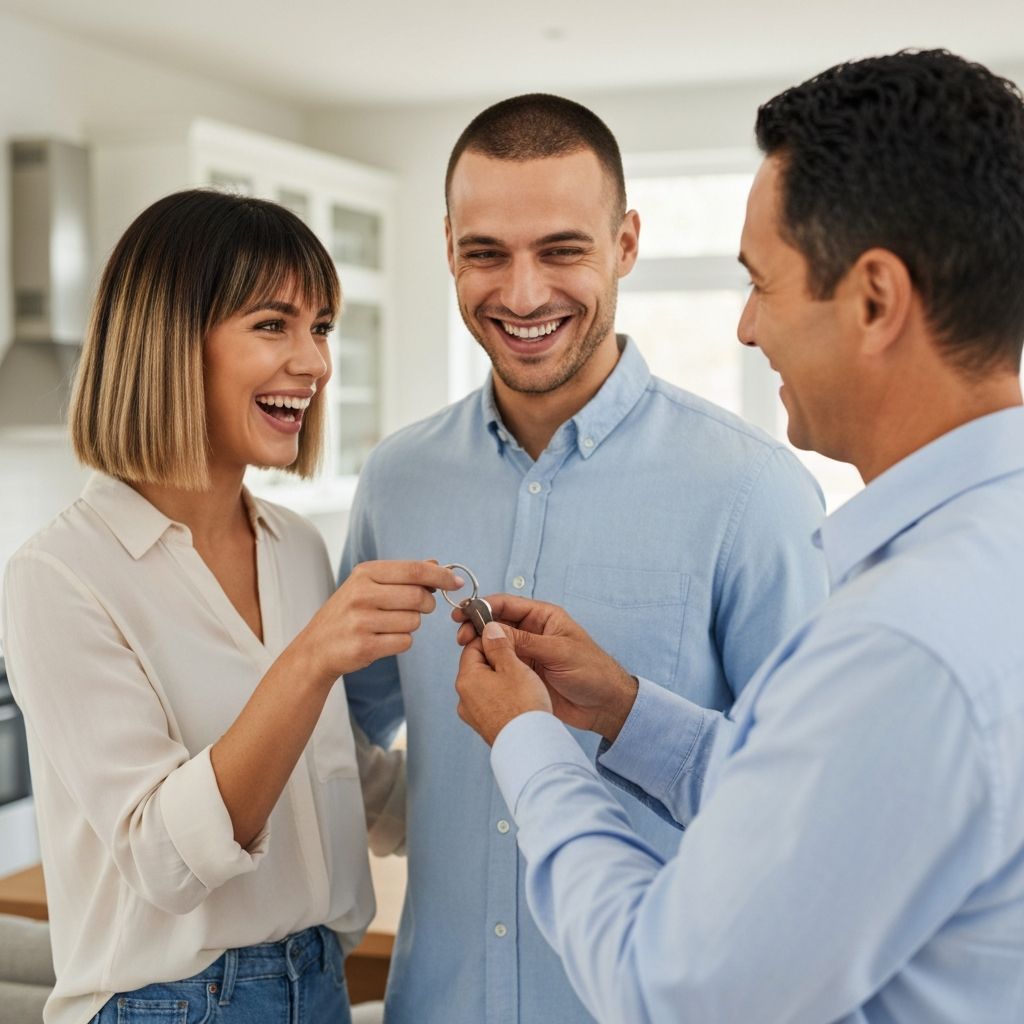 Jeune couple recevant les clés de leur première maison
